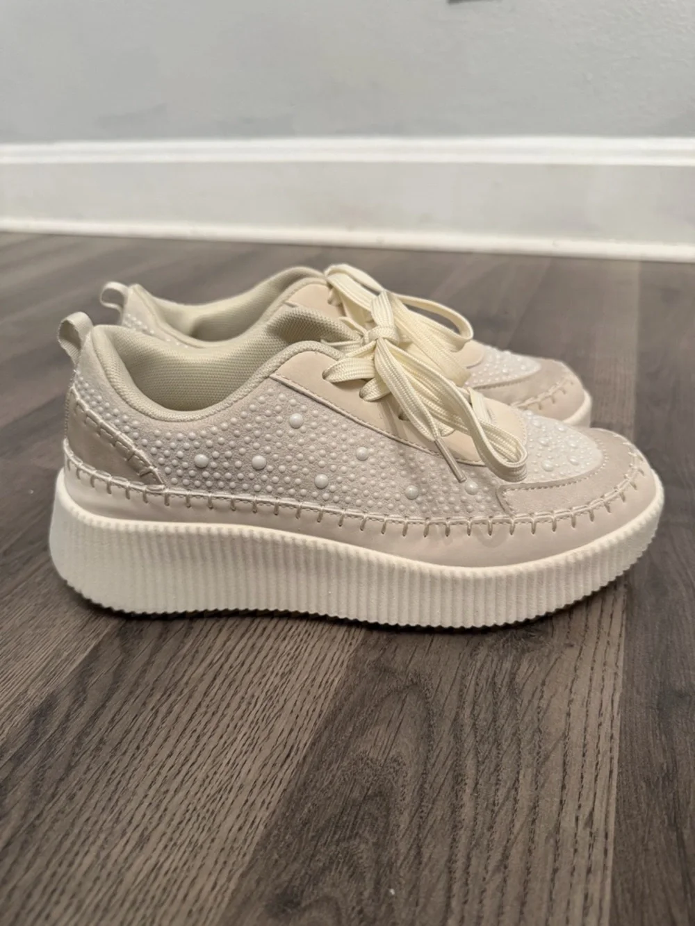 Nicole Miller Cream Beaded Platform Sneakers